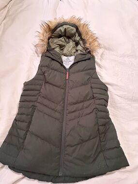 Alpine Design Olive Puffer Vest with Faux Fur Trimmed Hood